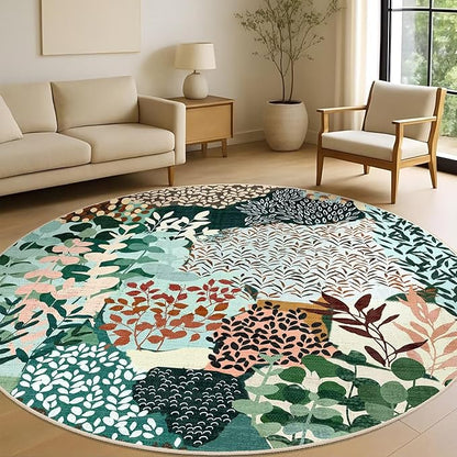 DEXDE Large Round Rug 9ft Washable Circle Area Rugs, Non Slip Low Pile Boho Floral Circular Carpet for Bedroom Bathroom Entryway Kids Room Office Dining Room, Dark Green