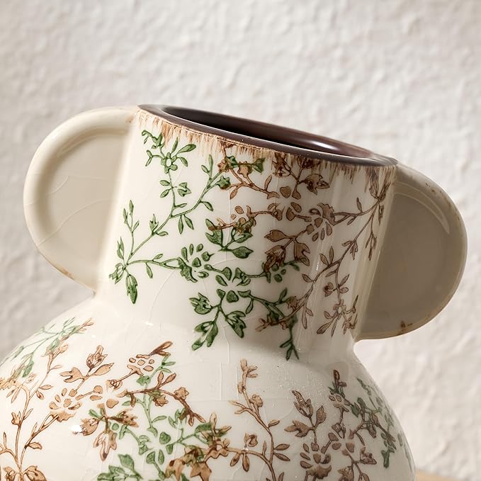 Green and Beige Vintage Pastoral Vase with Handle, 5.63 Inch Ceramic Cracked Chinoiserie Floral Vase, Antique Vases for Rustic Farmhouse Home Decor, Wedding, Living Room, Office, Shelf Decor
