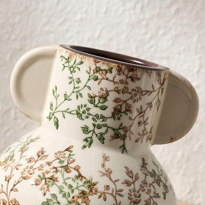 Green and Beige Vintage Pastoral Vase with Handle, 5.63 Inch Ceramic Cracked Chinoiserie Floral Vase, Antique Vases for Rustic Farmhouse Home Decor, Wedding, Living Room, Office, Shelf Decor