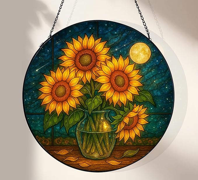 Stained Glass Window Hanging,Sunflower Sun Catchers Stained Glass Panels for Indoor Windows Wall Art Decor, Memorial Gift for Mom Women Wife Men Lovers (7.87inch)