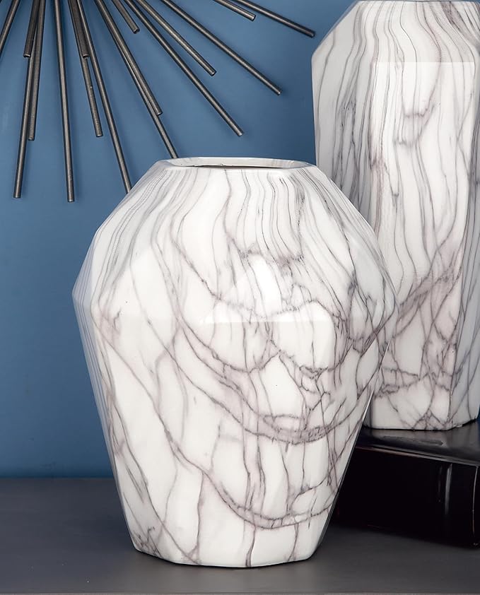 Deco 79 Ceramic Decorative Vase Faux Marble Centerpiece Vase, Flower Vase for Home Decoration 10" x 10" x 12", White