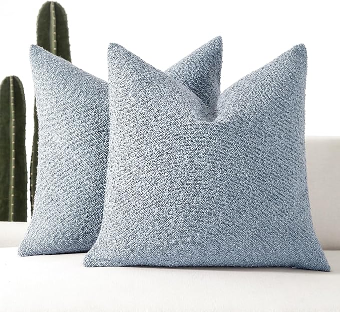 Boucle Decorative Throw Pillow Covers for Couch Set of 2, 16x16 inches, Light Blue