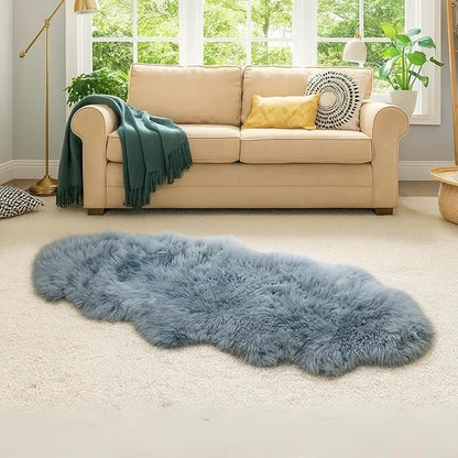 Woolous Gray Sheepskin Rug 2x6 ft - Genuine New Zealand Sheep Skin Runner Rug, Soft Thick Natural Double Pelt Rug for Bedroom, Living Room, and Bedside Decor