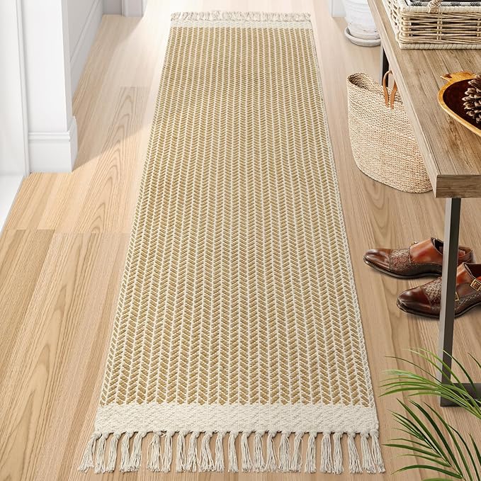 Lahome Boho Laundry Room Rug, 2x7 Runners for Hallways Lightweight Entry Woven Cotton Runner Rug with Tassels, Farmhouse Non Shedding Washable Rugs Low Pile Runner for Kitchen Bathroom, Khaki