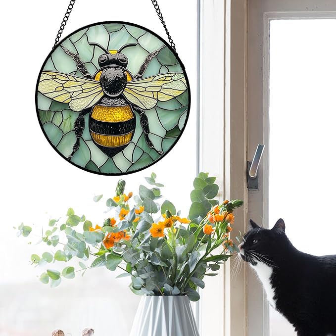 Stained Glass Window Hanging 4 Pcs Set Butterfly Dragonfly Bee Ladybug Large 15" - Suncatcher Door Garden Sun Catcher Decor Birthday Mother's Day for Mom Woman Nana Men