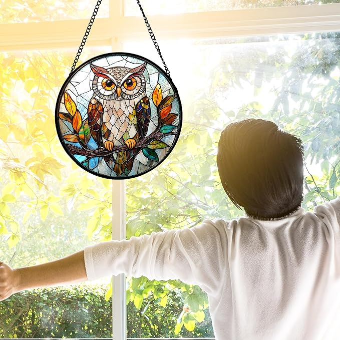 DASTOLL Stained Glass Window Hanging, Owl Colorful Leaves Birds Sun Catchers Diamond Glass Panel Hangings Suncatcher Decor for Birthday for Women, Men, Wife, Aunt, and Mom 7.8 in