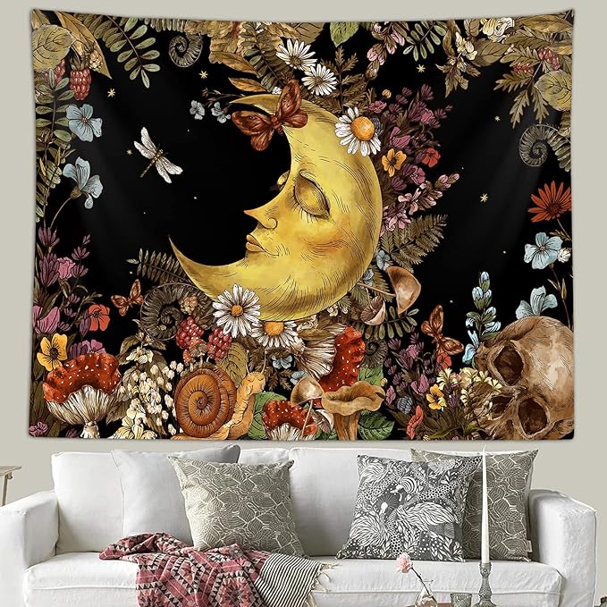 Boho Moon Extra Large Tapestry, Vintage Mushroom Sun and Moon Art Tapestries Wall Hanging for Bedroom Aesthetic Botanical College Dorm Room Fairy Decor 90X70" Brown Retro Skull Poster