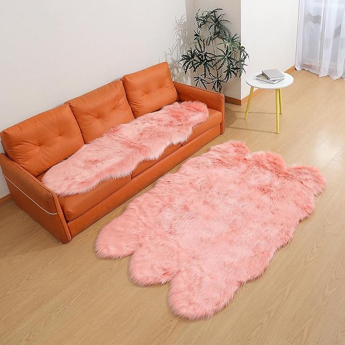 Faux Fur Rug Sheepskin Shag Fluffy Fuzzy Pink 4x6 ft Rugs for Bedroom Bedside Bed Floor Living Room Plush High-Density Cushion Carpet Super Sofa Cover