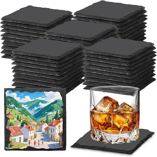 Slate Coasters, Black 4 Inch Bulk Blank Rock Coasters Blank Laser Engraving, Hand Painted DIY, Scratch Resistant Bottom (60 Square Coasters)