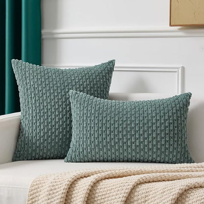 Kevin Textile Euro Sham Pillow Covers 28x28 Inch 2 Packs Soft Boho Striped Corduroy Decorative Throw Pillows for Living Room Couch Bed Sofa Rustic Farmhouse Home Decor 71x71cm Teal Green