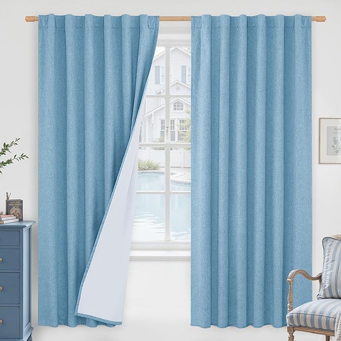 LAMIT 100% Blackout Linen Curtains, 72 Inches Linen Textured Thermal Bedroom Curtains Back Tab and Rod Pocket Neutral Panels with White Liner for Boys' Room, 2 Panels, 52 x 72 Inch, Blue