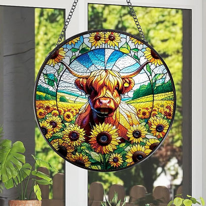 Rngmsi Highland Cow Stained Glass Window Hanging, 7.8" Sunflower Cow Sun Catchers Indoor Window Decor, Suncatchers for Windows Hanging Gifts for Women