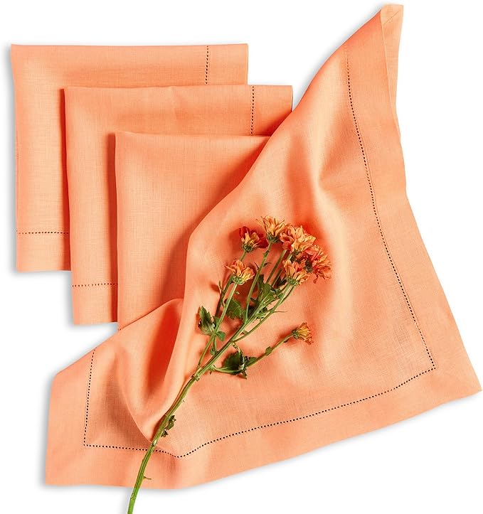 Solino Home Linen Cloth Napkins Set of 4-100% Pure Linen Coral Dinner Napkins 20 x 20 Inch for Valentines - Classic Hemstitch, Handcrafted and Machine Washable