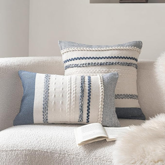 Boho Throw Pillow Covers 20x20 Inch Set of 2, Navy Blue Textured Decorative Couch Pillow Cases for Farmhouse Home Decor, Accent Cushion Cover for Sofa, Bed, Living Room, Bedroom