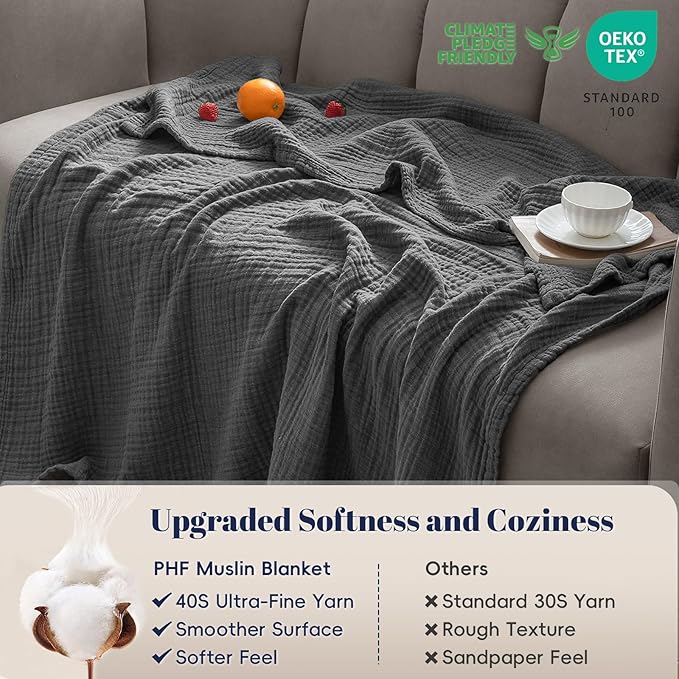 PHF 100% Cotton Muslin Blanket Twin XL Size 66"x90", 4-Layer Lightweight Gauze Throw, Breathable Cloud-Soft Minimalist Blanket for Bed, Couch, Camping & Baby, Greyish Black, Ideal Gift