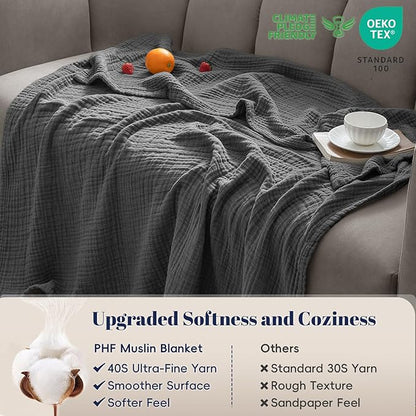 PHF 100% Cotton Muslin Blanket Twin XL Size 66"x90", 4-Layer Lightweight Gauze Throw, Breathable Cloud-Soft Minimalist Blanket for Bed, Couch, Camping & Baby, Greyish Black, Ideal Gift