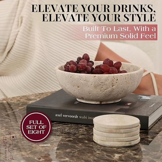 Gusto Nostro Neutral Travertine Coasters - Absorbent Stone Coasters Set of 8 - High-end, Natural Limestone Coaster for Drinks - Anti-Slip Felt Backing Travertine Coaster for Countertop, Coffee Table