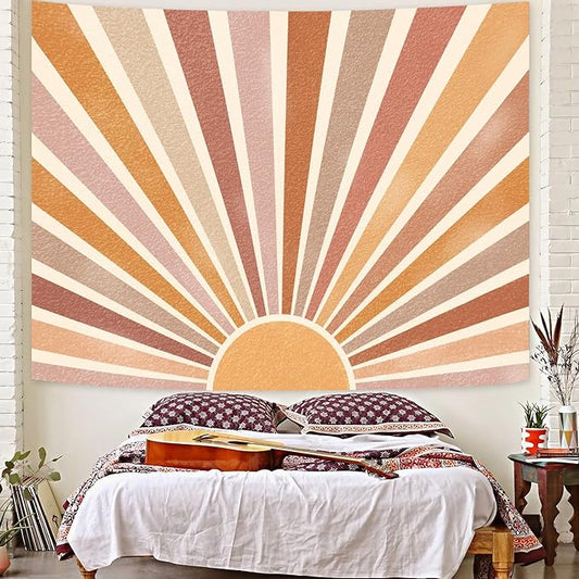 Kanuyee Retro Burning Sun Tapestry Wall Hanging, Vintage 70s Abstract Geometric Sunrise Tapestries for Bedroom Living Room Backdrop 44×60 inch