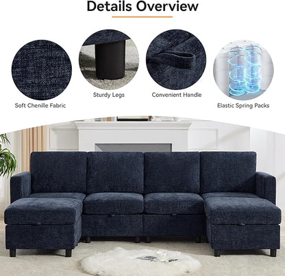 83'' Modular Sectional Sofa Convertible L Shaped Couch Set for Living Room, 4 Seat Storage Modular Sofa with Movable Ottoman, Chenille Navy