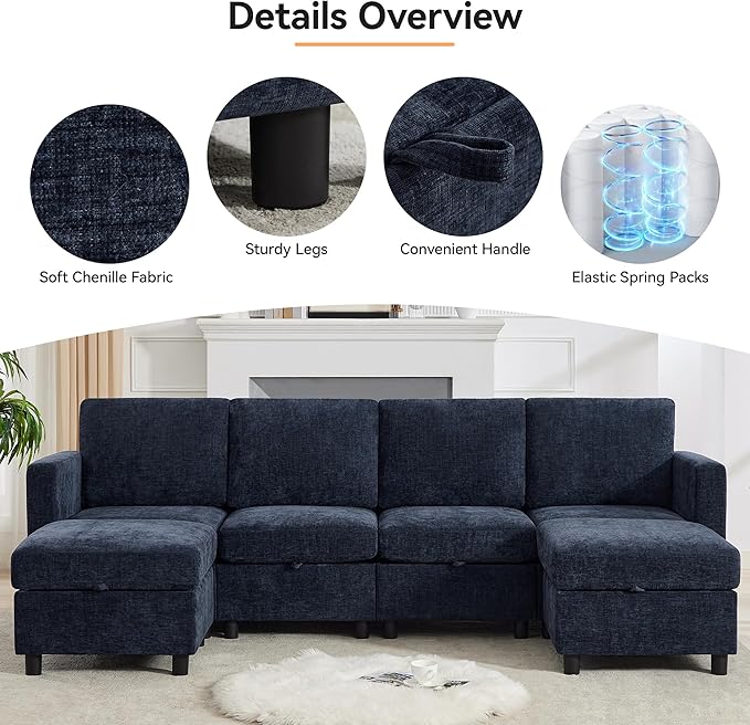58'' Modular Sectional Loveseat Sofa, Modern Love Seat 2 Seater Sofa Couch with Storage, Chenille Modular Sectional Couch for Living Room, Bedroom, Office, Small Apartment, Navy