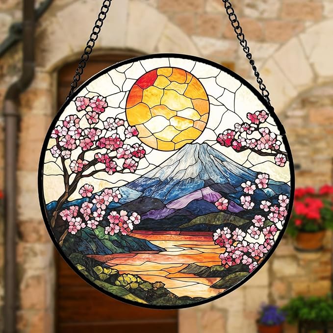 Stained Glass Window Hanging, Sun Blooming Cherry Blossoms Suncatcher Diamond Glass Panel Sun Catchers Decor for Birthday for Women, Men, Wife, Aunt, and Mom 14.9x14.9 in