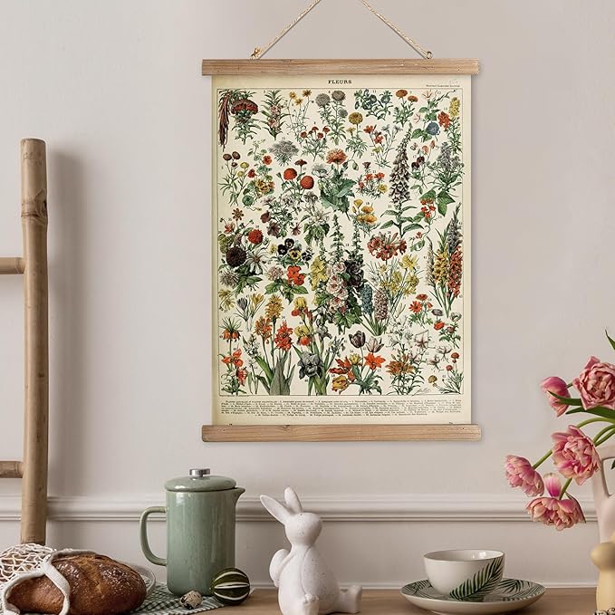 XIAOAIKA Vintage Wildflower Hanging Poster with Wooden Frame, Retro Style Wall Decor Detailed Floral Illustration- Educational Botany Wall Art for Gardeners Home Decor Classroom 20 x 30 Inches