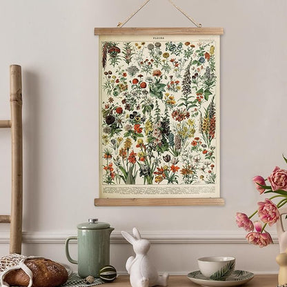 XIAOAIKA Vintage Wildflower Hanging Poster with Wooden Frame, Retro Style Wall Decor Detailed Floral Illustration- Educational Botany Wall Art for Gardeners Home Decor Classroom 20 x 30 Inches