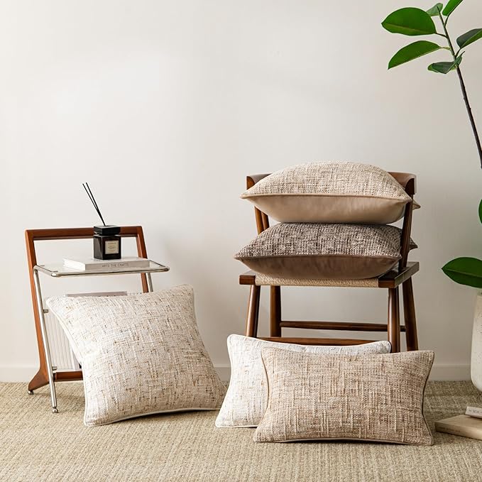 a moment Christmas Beige Reversible Pillow Covers 2 Pack - Farmhouse Chenille Throw Pillows, Neutral Textured Decorative Throw Pillow Covers with Border for Couch Sofa Bed (12x20 Inch, No Insert)