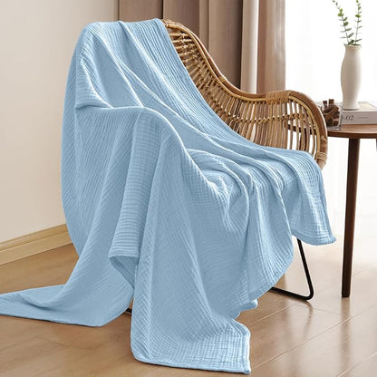 PHF 100% Cotton Muslin Throw Blanket 50" x 60", 4-Layer Lightweight Gauze Throw, Breathable Cloud-Soft Minimalist Blanket for Bed, Couch, Camping & Baby, Sky Blue, Ideal Gift