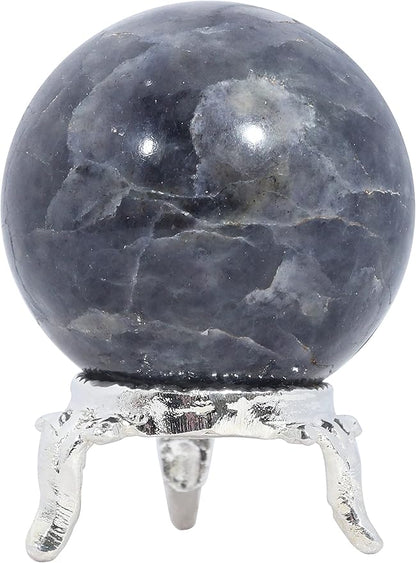 Crocon 45mm Iolite Stone Sphere Ball with Metal Stand 1400+ Carats Gemstone Ball Healing Sphere Sculpture Figurine for Fengshui Divination Home Decoration Photography Crystal Sphere