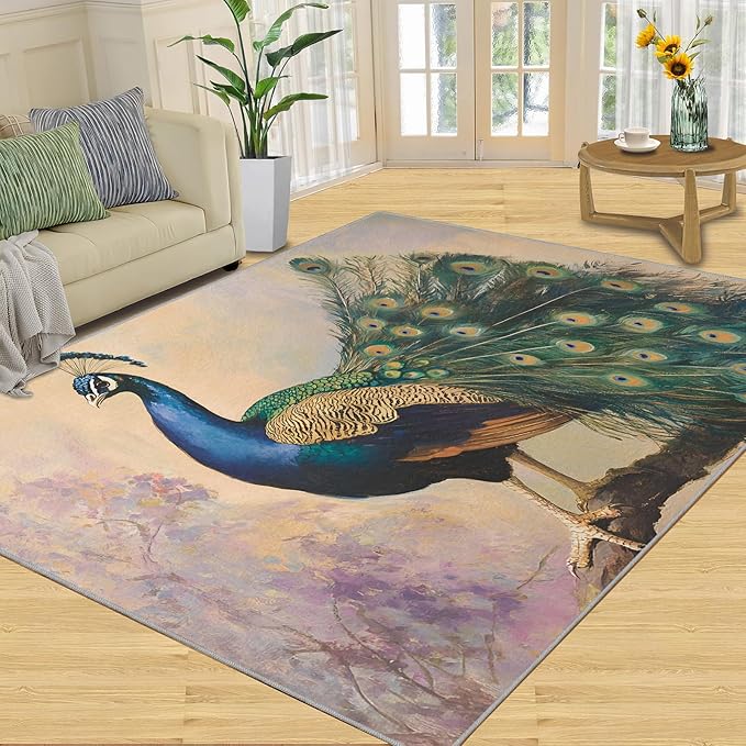 Peacock 6x9 Area Rugs for Living Room, Classic Animal Washable Non Slip Rugs, Gorgeous Feathers Low Pile Print Rug for Bedroom, Dining Room, Home Office