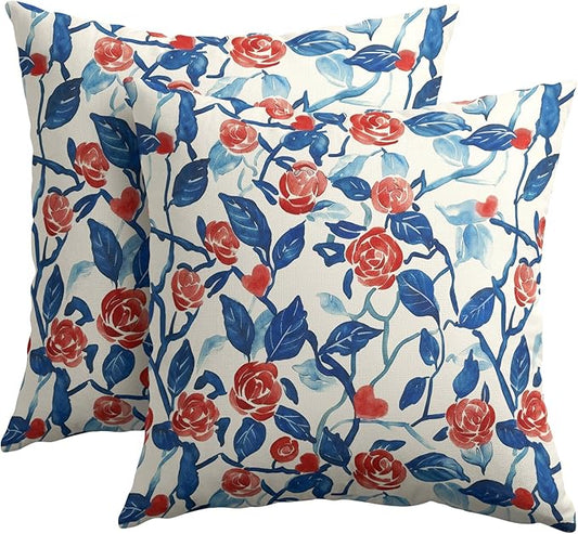 Valentines Day Pillow Covers 16x16 Set of 2 Blue Red Floral Throw Pillow Covers Flower Pillowcase Linen Decoration Farmhouse Holiday Cozy Soft Cushion Case Couch for Indoor Outdoor Home Decor