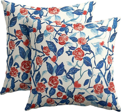 Valentines Day Pillow Covers 18x18 Set of 2 Blue Red Floral Throw Pillow Covers Flower Pillowcase Linen Decoration Farmhouse Holiday Cozy Soft Cushion Case Couch for Indoor Outdoor Home Decor