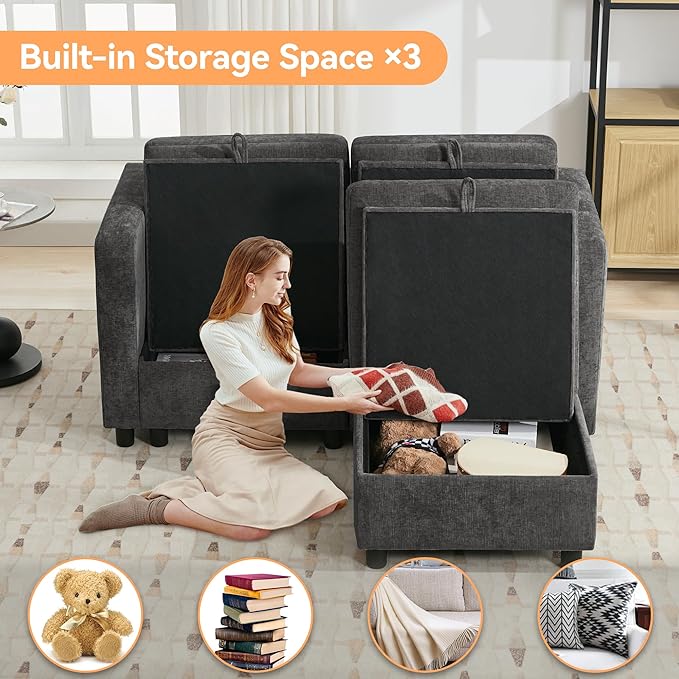 58”Modular Sectional Loveseat Sofa with Storage, Comfy Office L Shaped Sofa Couch, Chenille Love Seat Modular Sectional Couch with Movable Ottoman for Living Room, Bedroom, Dark Grey