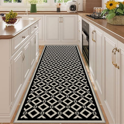 Moroccan Trellis Bedroom Area Carpets, 2.6x10ft, Modern Checkered Washable Hallway Runner Rugs, with Non Slip Backing Durable Cozy Low Pile Rug for Kitchen Bath Room Laundryroom