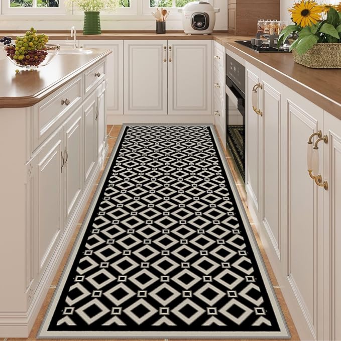 Moroccan Trellis Bedroom Area Carpets, 2x6ft, Modern Checkered Washable Hallway Runner Rugs, with Non Slip Backing Durable Cozy Low Pile Rug for Kitchen Bath Room Laundryroom