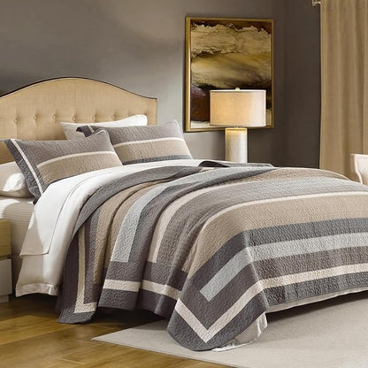 100% Cotton Quilts Queen Size, Queen Quilt Bedding Set Bedspread, Striped Quilt for Queen Bed, 3 Pieces Farmhouse Reversible Lightweight Comforter Bed Spread, Gray/Brown/Beige