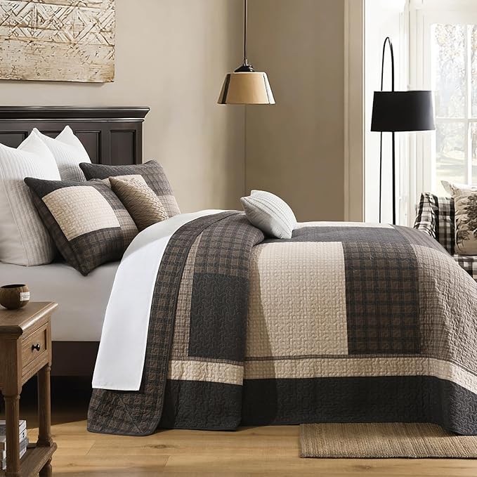 Oversized Quilt Bedspread 120"x120", 100% Cotton Patchwork King Bedspreads Coverlet Set with Pillow Cases, Lightweight Quilted Farmhouse Bedding Cover, 3 Piece, Brown/Beige/Gray
