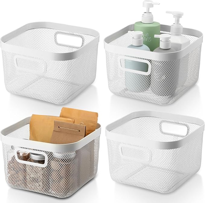 4 Pack Metal Mesh Basket with Hollow Handles White Wire Storage Bin for Organizing Stackable Metal Fine Mesh Basket for Pantry Bathroom Kitchen Cabinets Shelves (Medium)