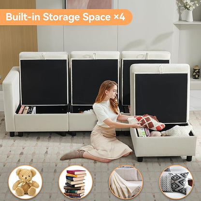 83”L-Shaped Modular Sectional Sofa with Storage & Movable Ottoman, Convertible 4-Seat Reversible Chaise Chenille Couch for Living Room, Soft Beige Fabric, Modern Design