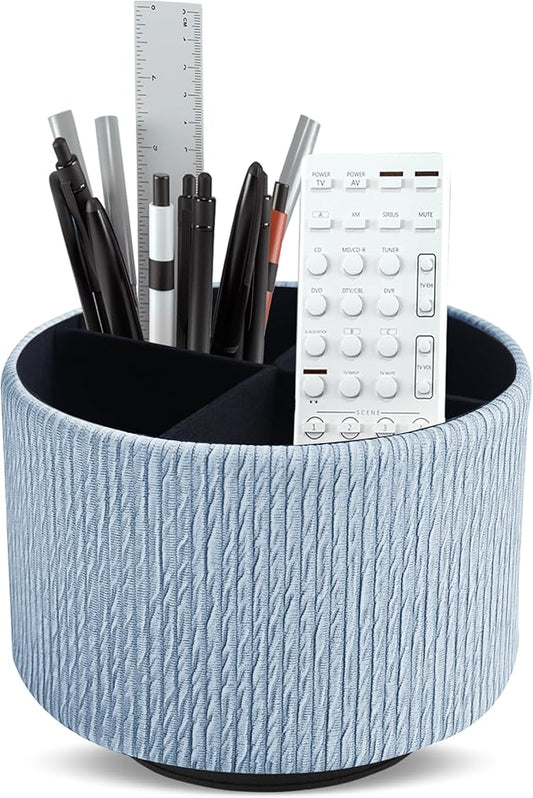 Round Leather Art Supply Organizer,Remote Control Holder,360 Degree Spinning,Multi-Functional Pencil Holder,4 Compartments Desktop Stationary Organizer(1-Wood Blue)