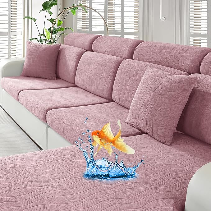 MAXIJIN Waterproof Couch Cushion Covers Stretch Sofa Seat Slipcovers Washable，Sectional Outdoor Cushion Covers with Elastic Bottom for Dogs Pets Kids (1 Pc Cushion Cover, Dusty Pink)