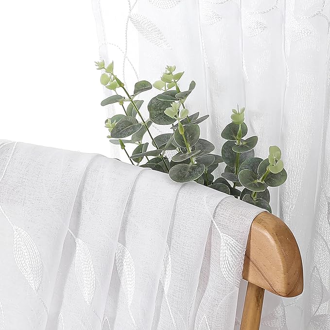 Tollpiz White Leaf Sheer Tier Curtain Leaves Embroidered Kitchen Curtains Rod Pocket Voile Bathroom Window Treatment for Cafe, 30 x 36 inches Long, Set of 2 Panels