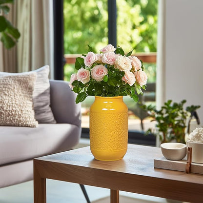 9 Inch Yellow Ceramic Vase for Flowers - Textured Mustard Round Cylinder Flower Vase - Modern Decorative Pottery - Boho Home Decor Centerpiece for Table, Bookshelf, Mantle, Fall Decoration