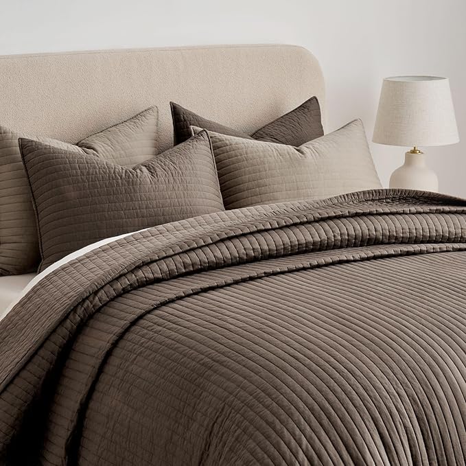 EVERGRACEHOME Cotton Sateen Quilt Set Queen Size, Pre-Washed Cotton Channel Stitch Coverlet Bedspread, 3 Pieces Lightweight Soft Bedding Sets for All Season, with 2 Pillow Shams, Mocha Brown
