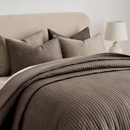 EVERGRACEHOME Cotton Sateen Quilt Set King Size, Pre-Washed Cotton Channel Stitch Coverlet Bedspread, 3 Pieces Lightweight Soft Bedding Sets for All Season, with 2 Pillow Shams, Mocha Brown