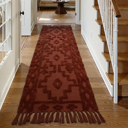 Uphome Boho Runners for Hallways 2.6' x 8', Washable Farmhouse Entryway Runner Rug, Cotton Tufted Bedroom Runner Rugs, Bohemian Tribal Aesthetic Rug for Kitchen Doorway Bathroom, Terracotta
