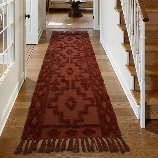 Uphome Boho Runners for Hallways 2.6' x 8', Washable Farmhouse Entryway Runner Rug, Cotton Tufted Bedroom Runner Rugs, Bohemian Tribal Aesthetic Rug for Kitchen Doorway Bathroom, Terracotta