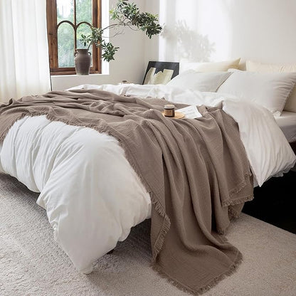 FOSSA Muslin Blanket with Fringe - 4-Layer 100% Cotton Gauze Super Soft & Breathable Throw -Lightweight Decorative Cooling Blanket for Bed, Sofa, Office (Pale Brown, Queen (90" × 90"))