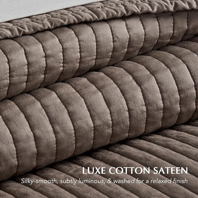 EVERGRACEHOME Cotton Sateen Quilt Set Queen Size, Pre-Washed Cotton Channel Stitch Coverlet Bedspread, 3 Pieces Lightweight Soft Bedding Sets for All Season, with 2 Pillow Shams, Mocha Brown